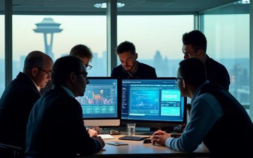 ShieldPoint Technology team collaborating on cybersecurity solutions in a modern Seattle office.